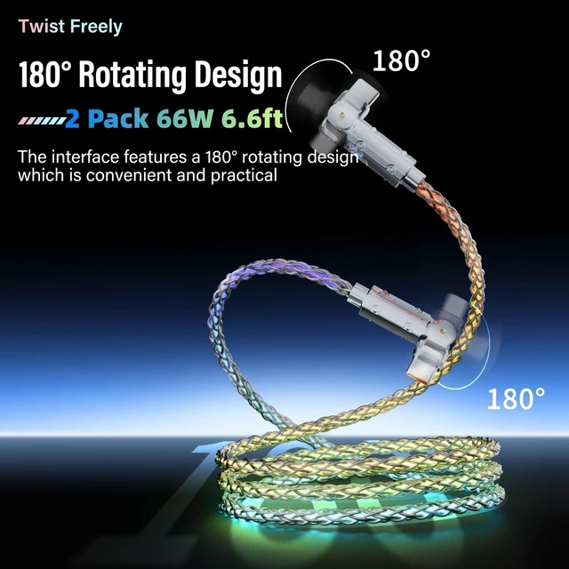Alt view image 2 of 5 - LED Light Up USB C Charging Cable 2Pack 6.6ft Rotating USB C to USB C Cable