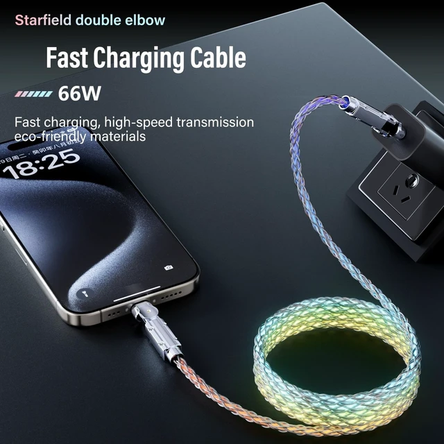Alt view image 3 of 5 - LED Light Up USB C Charging Cable 2Pack 6.6ft Rotating USB C to USB C Cable