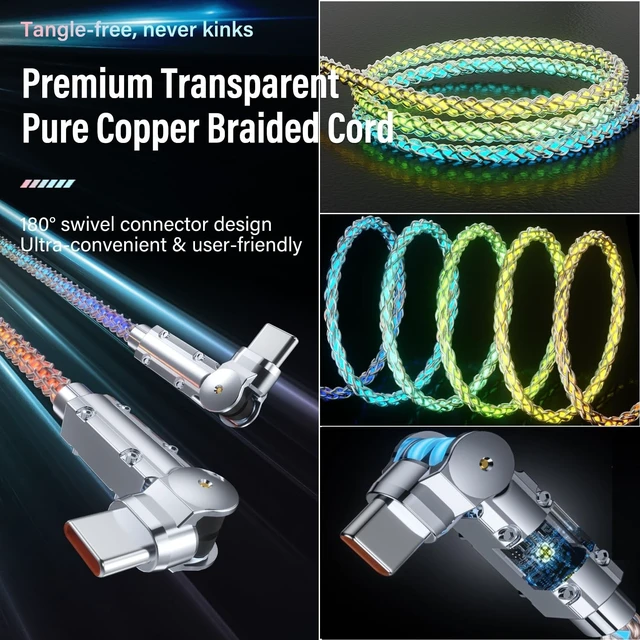 Alt view image 5 of 5 - LED Light Up USB C Charging Cable 2Pack 6.6ft Rotating USB C to USB C Cable