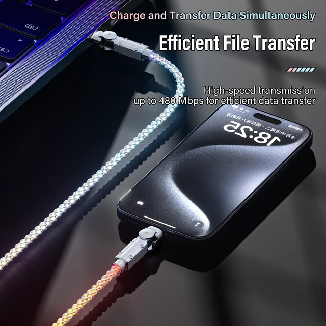 Alt view image 4 of 5 - LED Light Up USB C Charging Cable 2Pack 6.6ft Rotating USB C to USB C Cable