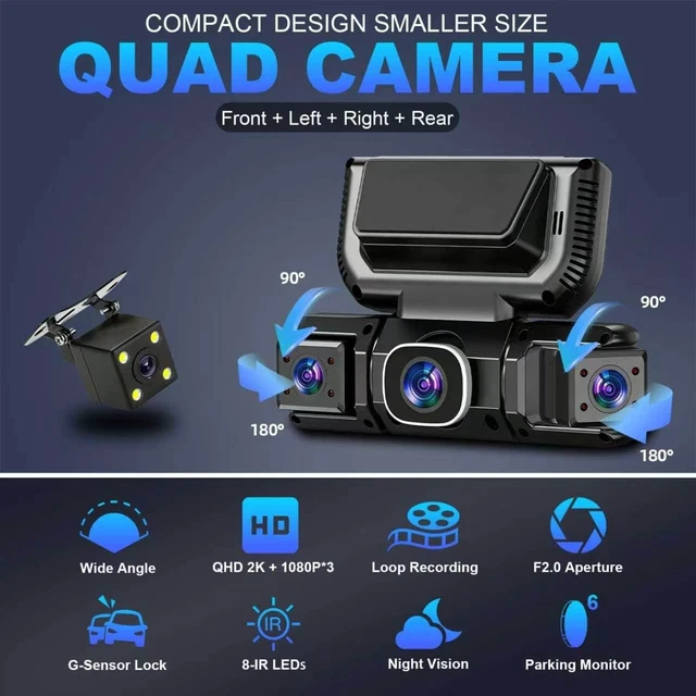 Alt view image 2 of 5 - 4-Channel 360 Dash Cam Front and Rear, 2K+1080P, 8 IR Lamps Night Vision,5GHz WiFi and App ^^ 24H Parking Monitor Mode, Loop Recording & G-Sensor Lock Crash Videos, Includes 64GB SD Card