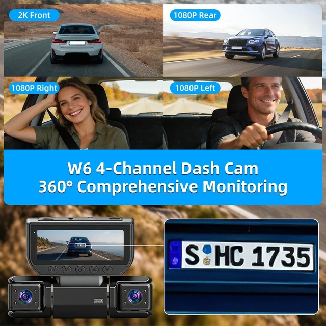 Alt view image 3 of 5 - 4-Channel 360 Dash Cam Front and Rear, 2K+1080P, 8 IR Lamps Night Vision,5GHz WiFi and App ^^ 24H Parking Monitor Mode, Loop Recording & G-Sensor Lock Crash Videos, Includes 64GB SD Card