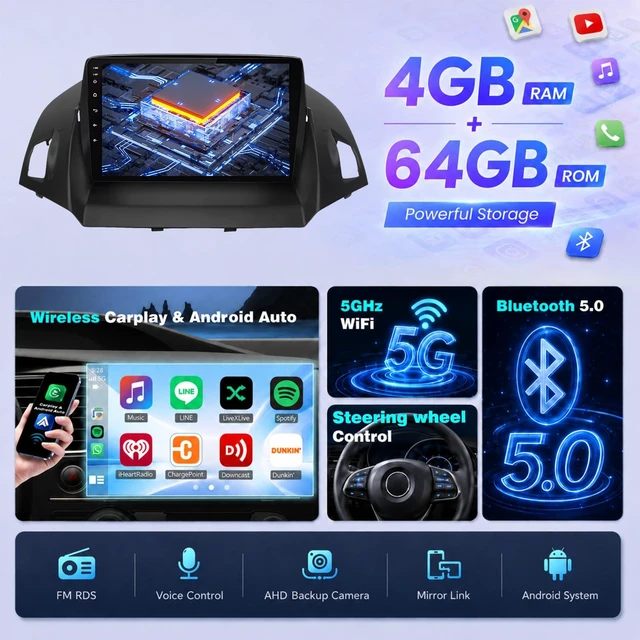 Alt view image 3 of 5 - Upgrcaru 4+64G Car Radio for Ford Escape 2013 2014 2015 2016