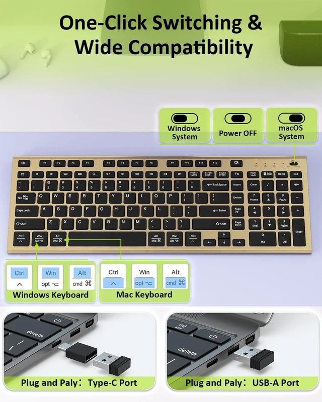 Alt view image 2 of 5 - FENIFOX Wireless Keyboard, Silent Flat Soft Cover with Number Pad (Black and Gold)