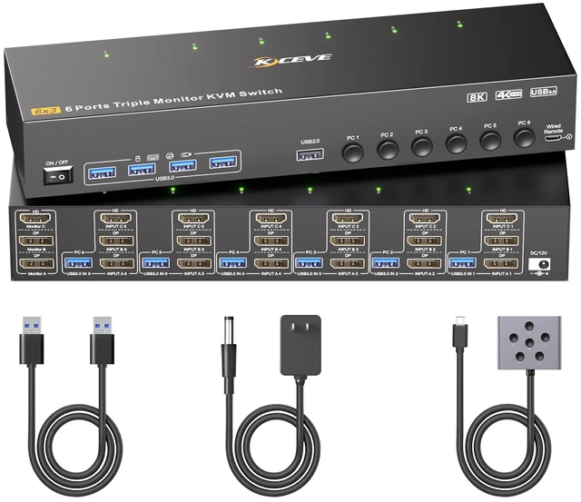 Main image of KVM Switch 3 Monitors 6 Computers HDMI + DisplayPort, KCEVE DP Triple Monitor 6 Computer Switcher, 8K@30Hz/4k@144Hz for 6 PC Share 4 Display and USB 3.0 Devices