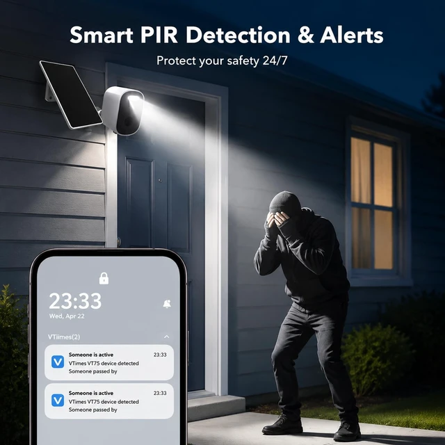 Alt view image 5 of 5 - VTimes 2K Solar Security Camera Outdoor, 2-Way Audio, PIR Night Vision