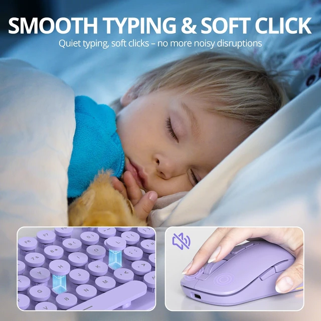 Alt view image 5 of 5 - Owpkeenthy Cute Wireless Keyboard and Mouse Backlit, Rechargeable Full-Sized Keyboard with Number Pad Quiet Typewriter 2.4G Plug and Play, Auto Sleep for Home Office(Purple