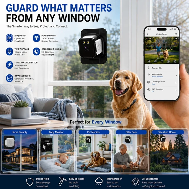 Alt view image 3 of 5 - Window Camera 3MP 2K Indoor for Home Security, Color Night Vision - 2Pack