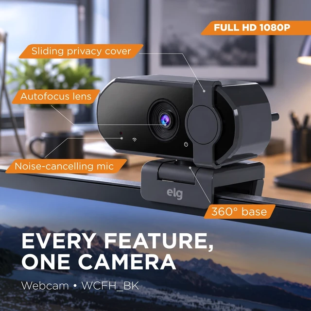 Alt view image 2 of 5 - ELG Full HD 1080p Webcam with Microphone & Privacy Cover, Autofocus, Noise-Cancelling Mic, 360 Rotation, USB Web Camera for PC/Mac/Laptop, Zoom/Teams/Skype, USB-C Adapter Included, Black