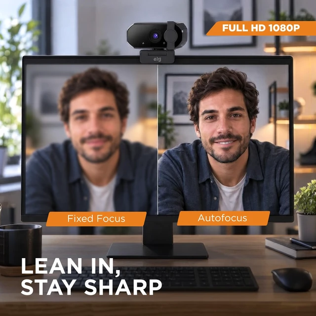 Alt view image 3 of 5 - ELG Full HD 1080p Webcam with Microphone & Privacy Cover, Autofocus, Noise-Cancelling Mic, 360 Rotation, USB Web Camera for PC/Mac/Laptop, Zoom/Teams/Skype, USB-C Adapter Included, Black