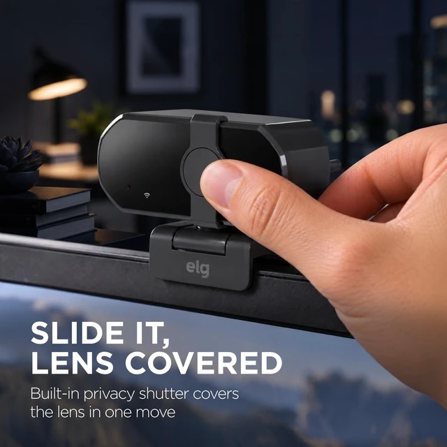 Alt view image 4 of 5 - ELG Full HD 1080p Webcam with Microphone & Privacy Cover, Autofocus, Noise-Cancelling Mic, 360 Rotation, USB Web Camera for PC/Mac/Laptop, Zoom/Teams/Skype, USB-C Adapter Included, Black