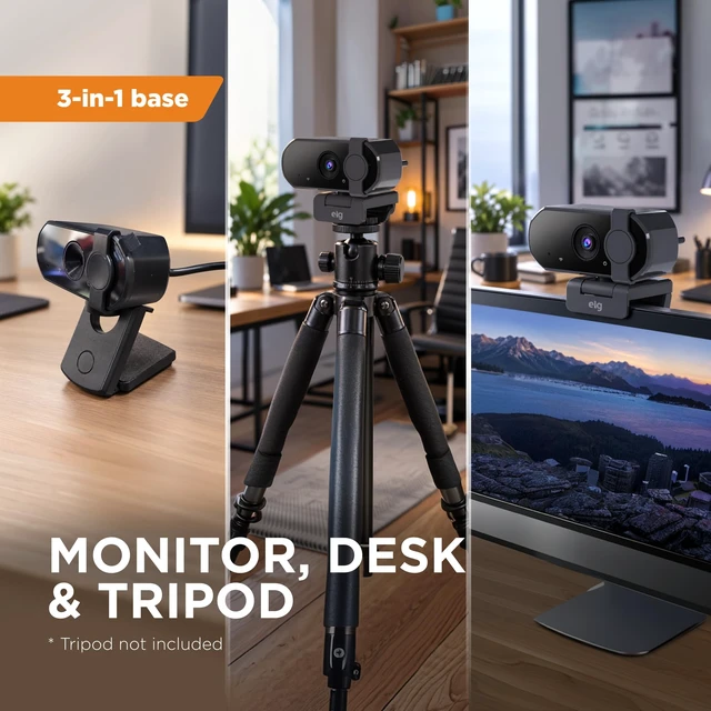 Alt view image 5 of 5 - ELG Full HD 1080p Webcam with Microphone & Privacy Cover, Autofocus, Noise-Cancelling Mic, 360 Rotation, USB Web Camera for PC/Mac/Laptop, Zoom/Teams/Skype, USB-C Adapter Included, Black