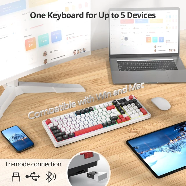 Alt view image 2 of 5 - surmen 96% Silent Wireless Keyboard,3 Mode BT/2.4G/Wired Quiet RGB Keyboard with Volume Knob 3000mAh Long Battery Auto Sleep for Office Student Mac Windows Desktop (98 White)