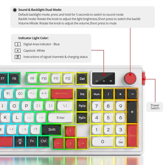 Alt view image 3 of 5 - surmen 96% Silent Wireless Keyboard,3 Mode BT/2.4G/Wired Quiet RGB Keyboard with Volume Knob 3000mAh Long Battery Auto Sleep for Office Student Mac Windows Desktop (98 White)