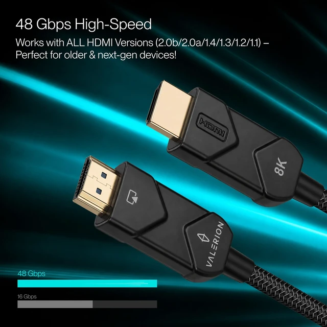 Alt view image 2 of 5 - Valerion AWOL Ultra High Speed HDMI Cable 12m/40ft, Fiber Optic Core, 8K@60Hz, 4K@120Hz, Dynamic HDR, ALLM/VRR Gaming, Braided 24K Gold-Plated Connectors for PS5, Xbox, PC, TV and Projector
