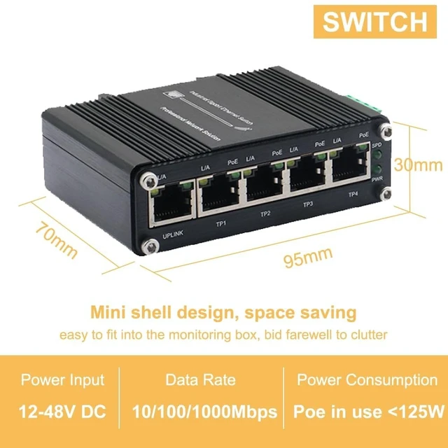 Alt view image 2 of 5 - xoxnikior Industrial 5-Port PoE+ Gigabit Switch 12-48VDC 120W ,Unmanaged