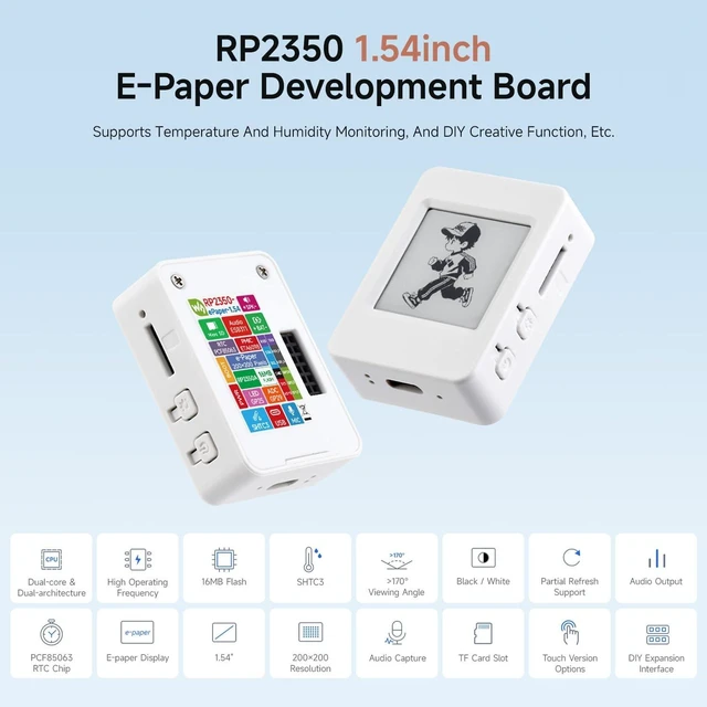 Alt view image 3 of 5 - Waveshare RP2350A 1.54inch E-Paper Display Development Board, 200 200 Resolution, Dual-core & Dual-Architecture, 12 Programmable I/O (PIO) State Machines, No Touch, No Batt