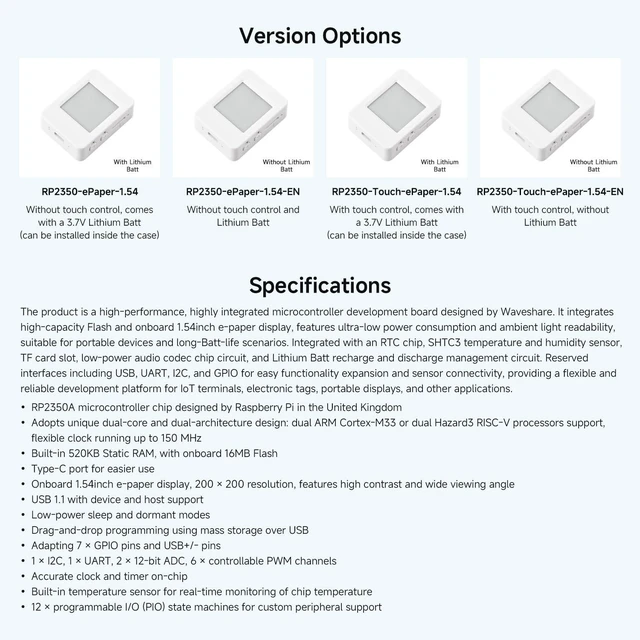 Alt view image 4 of 5 - Waveshare RP2350A 1.54inch E-Paper Display Development Board, 200 200 Resolution, Dual-core & Dual-Architecture, 12 Programmable I/O (PIO) State Machines, No Touch, No Batt