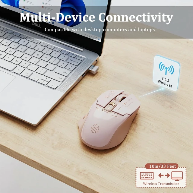 Alt view image 3 of 5 - Attoe Wireless Mouse, Rechargeable Silent Click Mouse with 4-Level DPI (800-2400), 500mAh Battery & LED Level Indicator, 2.4G Ergonomic Optical Mouse for Laptop, PC, Computer (Pink)