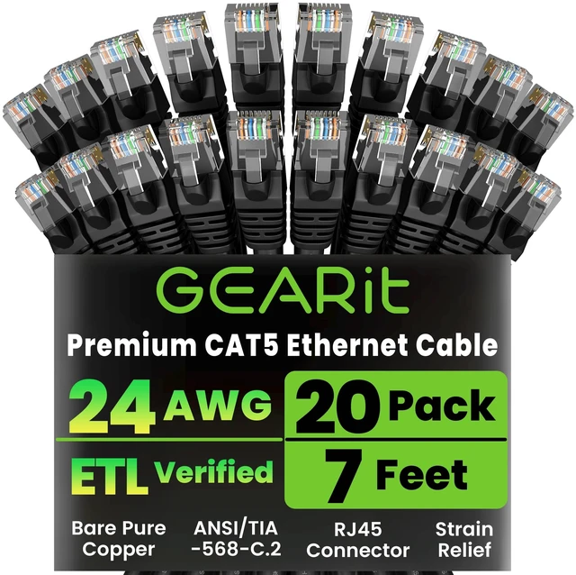 Main image of GEARIT 20-Pack, Cat5e Ethernet Patch Cable 7 Feet - Snagless RJ45 Computer LAN Network Cord, Black