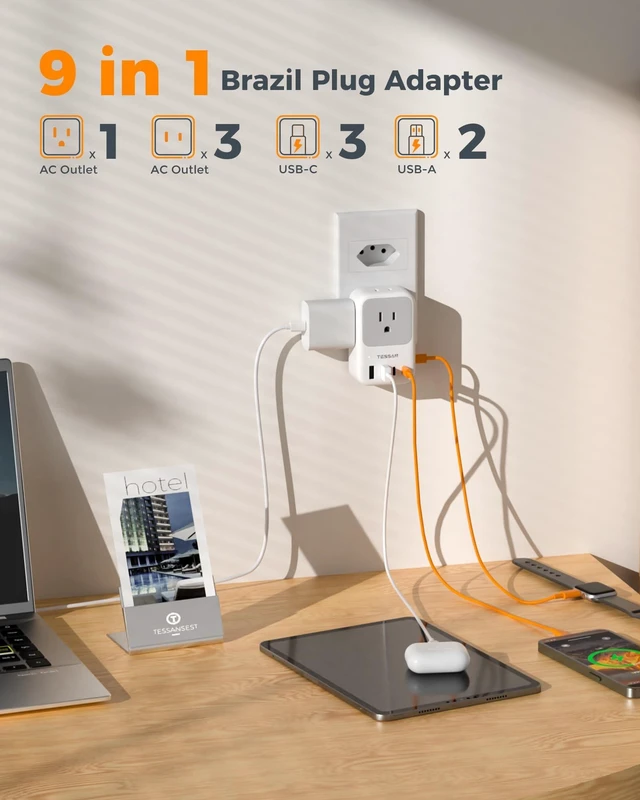 Alt view image 3 of 5 - TESSAN Type N Plug Adapter Brazil 2-Pack, PD 28W
