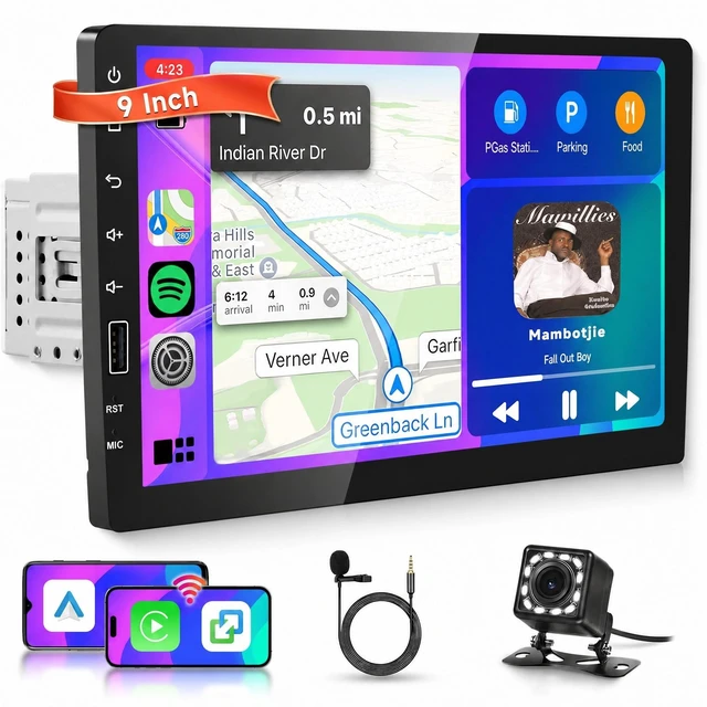 Main image of Driauto 9 Inch Single Din Car Stereo with Wireless Carplay Android Auto, 1 DIN Touchscreen Head Unit Carplay Screen with Bluetooth FM/AM/RDS Mirror Link SWC EQ USB Online Video+ Backup Camera