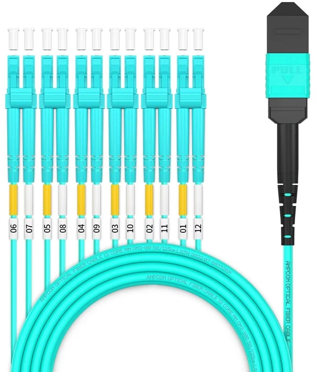 Main image of AMPCOM MPO to LC Breakout Cable 50/125m Multimode OM3-300(12 Fiber, MPO to LC, Type B, LSZH/Riser, UPC, Aqua) 5m (16ft)