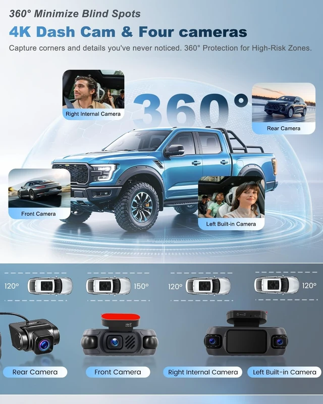 Alt view image 2 of 5 - 4 Channel 360Dash Cam Front and Rear Inside, 4K Dash Camera with GPS