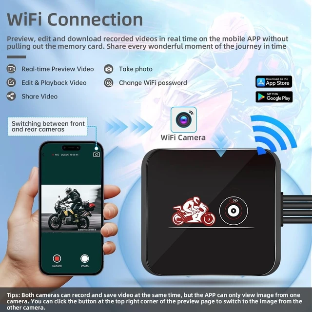 Alt view image 2 of 5 - VSYSTO Motorcycle Dash Cam, HD1080P Night Vision Front and Rear Cameras, WiFi Waterproof Motorbike DVR, Remote Controller,130 Wide Angle, G-Sensor, Loop Recording