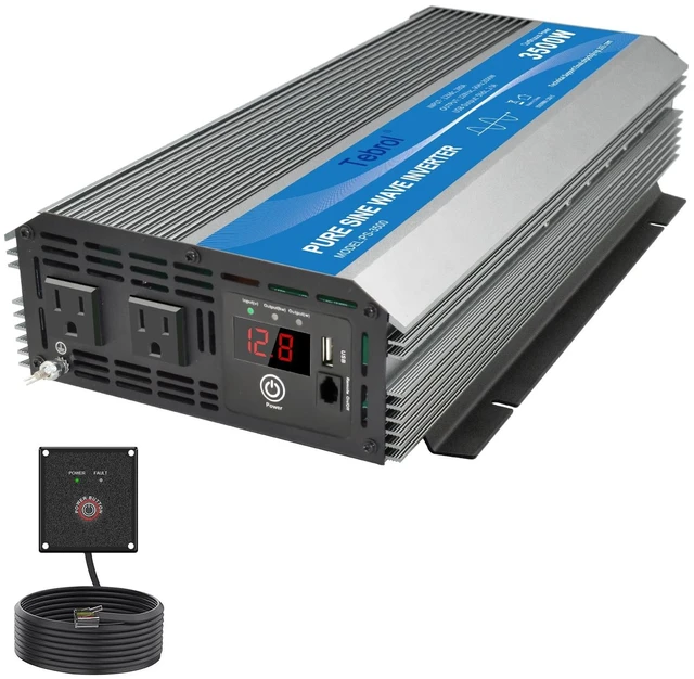 Main image of Tebrol 3500W Pure Sine Wave Inverter 12V DC to 120V AC Converter for Home, RV, Truck, Off-Grid Solar Power Inverter with Built-in 5V/2.1A USB, AC Hardwire Port, Remote Controller