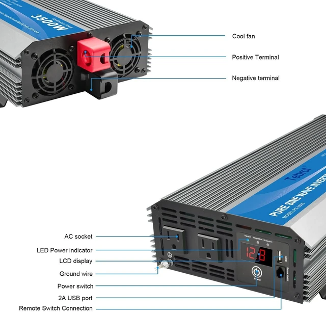 Alt view image 2 of 5 - Tebrol 3500W Pure Sine Wave Inverter 12V DC to 120V AC Converter for Home, RV, Truck, Off-Grid Solar Power Inverter with Built-in 5V/2.1A USB, AC Hardwire Port, Remote Controller