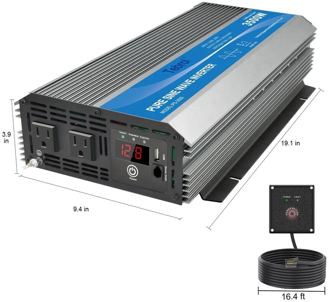 Alt view image 3 of 5 - Tebrol 3500W Pure Sine Wave Inverter 12V DC to 120V AC Converter for Home, RV, Truck, Off-Grid Solar Power Inverter with Built-in 5V/2.1A USB, AC Hardwire Port, Remote Controller