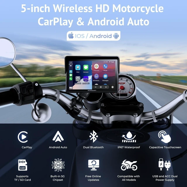 Alt view image 2 of 5 - Wonsidary 5" Motorcycle CarPlay Wireless for Apple CarPlay & Android Auto