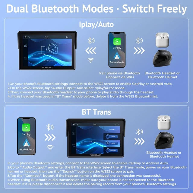 Alt view image 4 of 5 - Wonsidary 5" Motorcycle CarPlay Wireless for Apple CarPlay & Android Auto