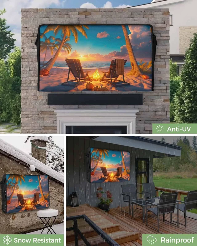 Alt view image 3 of 5 - Outdoor TV Cover Fall Sunset Rocking Chair Vacation Beach Waterproof Weatherproof TV Covers for 60 to 65 Inch Outside Flat Screen TV Protector Shield 58"W x 37"H x 4.5"D
