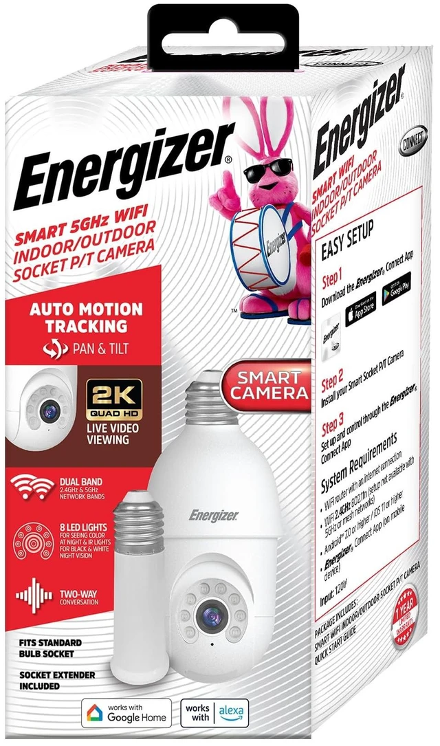 Main image of Energizer Smart Socket Camera, 2K QHD Outdoor Light Bulb Security Camera, 5GHz/2.4GHz, Pan & Tilt Auto Motion Tracking, 2-Way Audio, Night Vision, Recording, Alerts, Voice Control with Alexa & Google