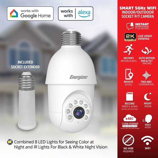 Alt view image 2 of 5 - Energizer Smart Socket Camera, 2K QHD Outdoor Light Bulb Security Camera, 5GHz/2.4GHz, Pan & Tilt Auto Motion Tracking, 2-Way Audio, Night Vision, Recording, Alerts, Voice Control with Alexa & Google