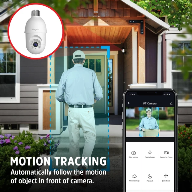 Alt view image 3 of 5 - Energizer Smart Socket Camera, 2K QHD Outdoor Light Bulb Security Camera, 5GHz/2.4GHz, Pan & Tilt Auto Motion Tracking, 2-Way Audio, Night Vision, Recording, Alerts, Voice Control with Alexa & Google