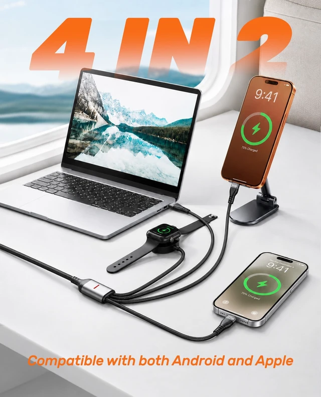 Alt view image 2 of 5 - USB C Multi Charging Cable for Apple Watch Charger, 4-in-2 Multi Charging Cable 10ft with iWatch Charger, Dual USB-C (100W/10W) & Lightning Cord for iPhone 17-6, iPad, MacBook, iWatch Ultra/SE/Series