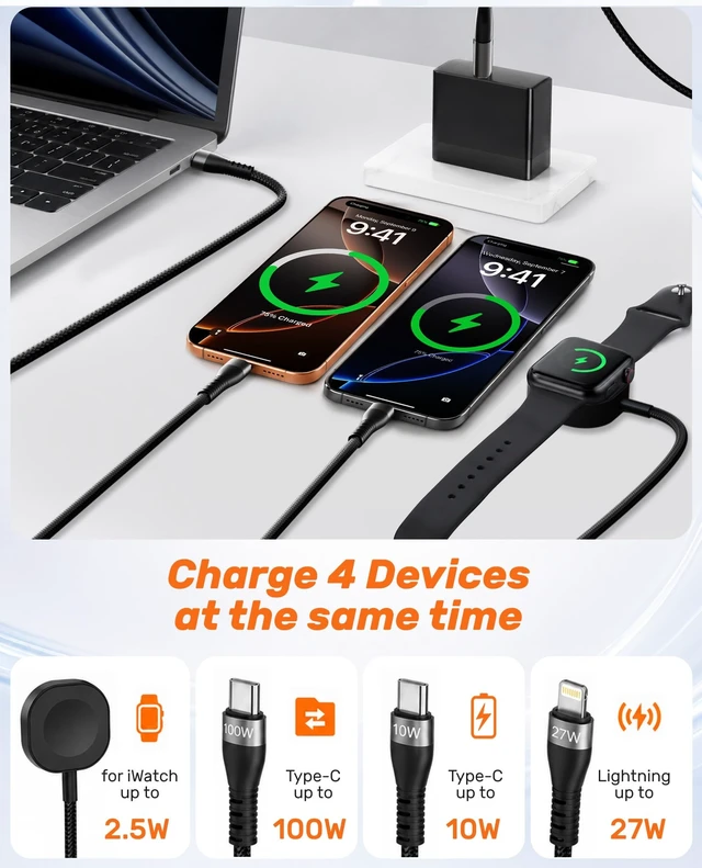 Alt view image 3 of 5 - USB C Multi Charging Cable for Apple Watch Charger, 4-in-2 Multi Charging Cable 10ft with iWatch Charger, Dual USB-C (100W/10W) & Lightning Cord for iPhone 17-6, iPad, MacBook, iWatch Ultra/SE/Series