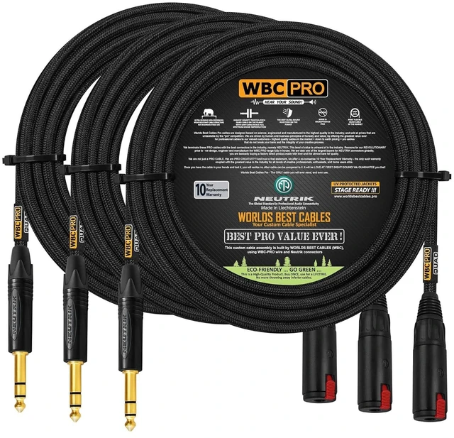 Main image of 3 Units - 75 Foot - WBC-PRO-Quad Ultra-Silent, Ultra-Flexible, Balanced Star-Quad Headphone Extension Cable with (6.35mm) Neutrik Male TRS Plug to Locking Female TRS Jack & Black Tweed Jacket