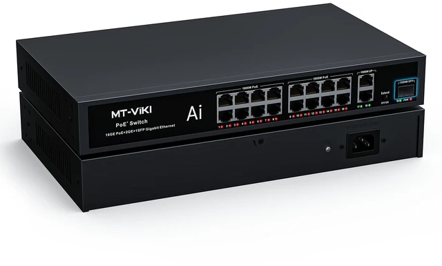 Main image of MT-VIKI Full Gigabit PoE Switch, 19-Port IEEE 802.3at/af Unmanaged Network Switch with 300W Total Power (16 PoE+ 30W, 2 Uplink, 1 SFP Fiber), 6KV, AI Watchdog, Port VLAN, Plug & Play