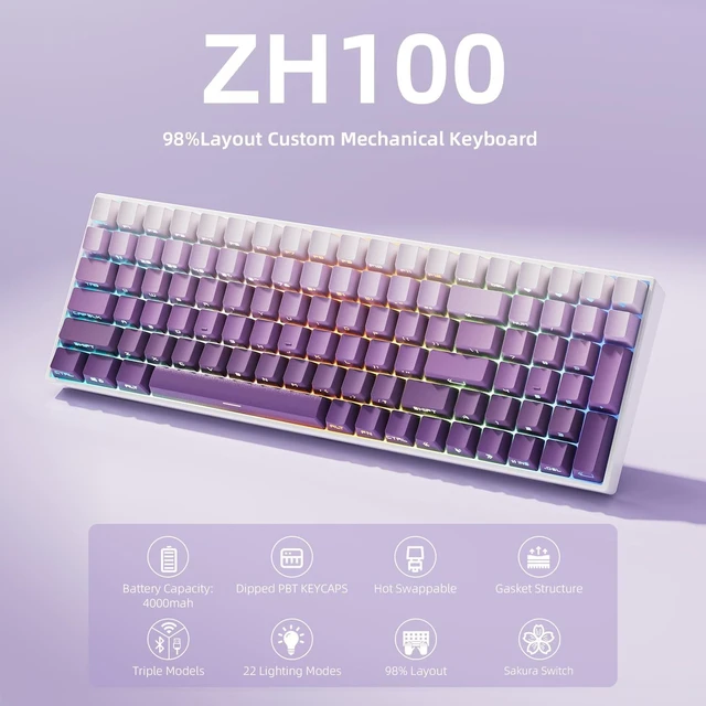 Alt view image 2 of 5 - ZORNHER ZH100 Wireless Mechanical Keyboard,98% Purple Creamy Keyboard with Number Pad,Full Size Gaming Keyboard,Lighted Up PBT Dipped Keycaps,Creamy Sounding Linear Switches