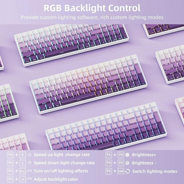 Alt view image 3 of 5 - ZORNHER ZH100 Wireless Mechanical Keyboard,98% Purple Creamy Keyboard with Number Pad,Full Size Gaming Keyboard,Lighted Up PBT Dipped Keycaps,Creamy Sounding Linear Switches