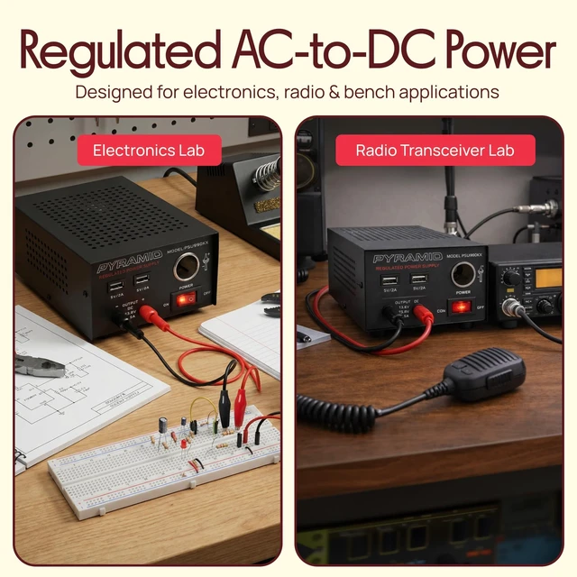 Alt view image 4 of 5 - Universal Compact Bench Power Supply - 7 Amp Regulated Home Lab Benchtop AC-Dc Converter Power Supply for CB Radio, HAM W/ 13.8 Volt Dc 120V AC Supply, Dual USB, Cigarette Lighter - Pyramid PSU990KX