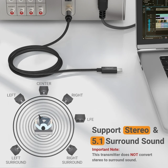Alt view image 3 of 5 - Cubilux USB C to Coaxial SPDIF Audio Cable for PC MacBook and PS5, 2m
