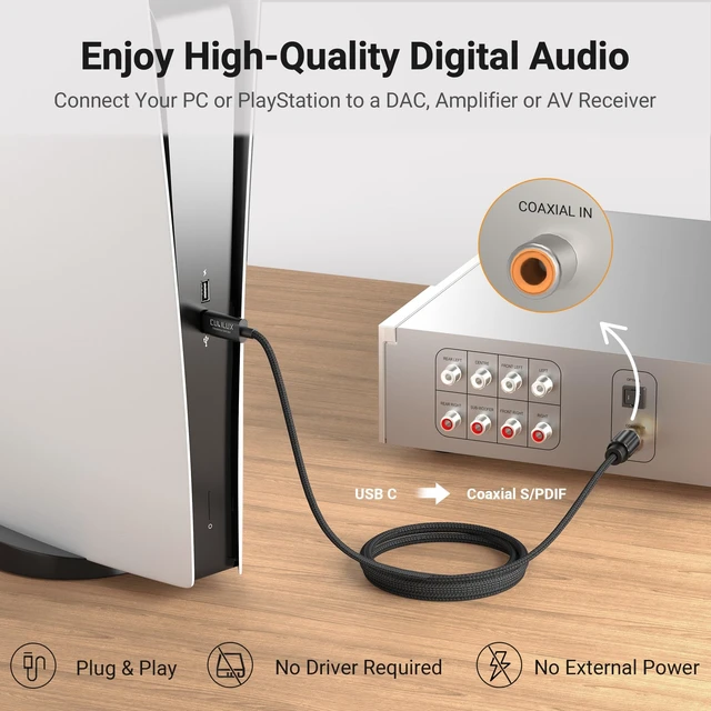 Alt view image 5 of 5 - Cubilux USB C to Coaxial SPDIF Audio Cable for PC MacBook and PS5, 2m