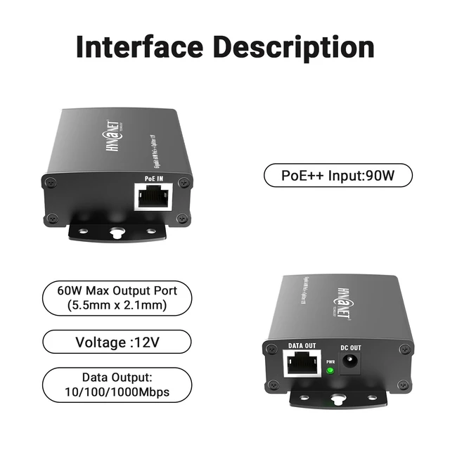 Alt view image 3 of 5 - 60W PoE++ Splitter to 12V/5A,Gigabit Ethernet, 802.3BT, Metal Case, with Voltage Isolation for Monitor,Security Camera