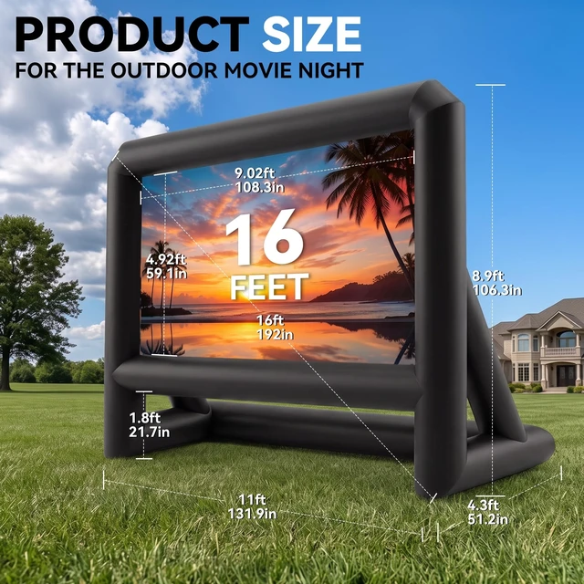 Alt view image 5 of 5 - CZGBRO Inflatable Projector Screen, 16FT Outdoor Blow Up Movie Screen with Air Blower, Front & Rear Projection 16:9 One Piece Design, Inflatable Screens for Backyard Party Movie Night Home Theater