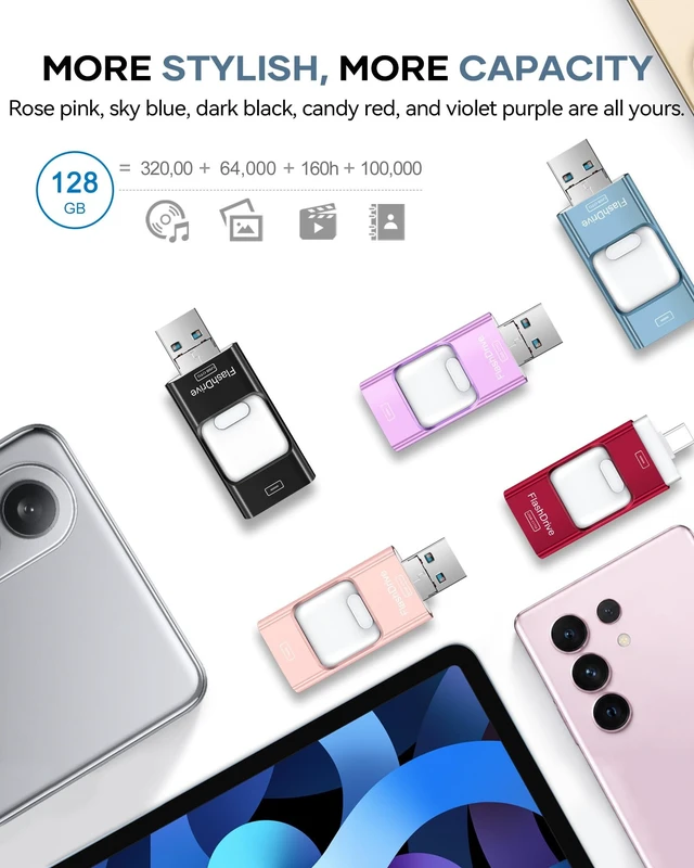 Alt view image 5 of 5 - Flash Drive for Phone 128GB, 4 in 1 USB Type C Memory Stick, Photo Stick External Storage Thumb Drive for Phone Pad Android Computer, Sky Blue